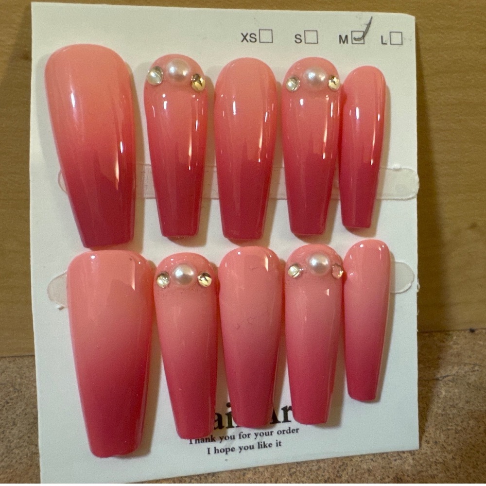 Pink Ombre Press On Nails Long Coffin Pearl Rhinestone Accents Medium Size